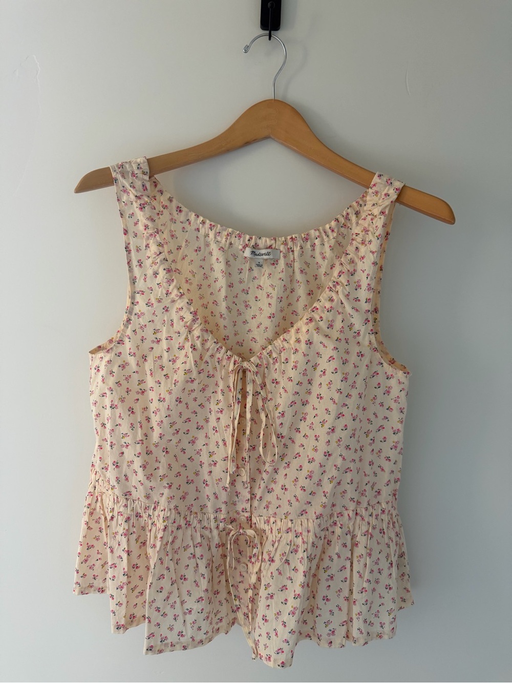 Madewell Cream Tank Top with Pink Floral Print and Tie Front - Picture 1 of 9